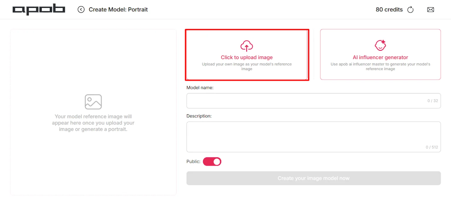 Upload reference image for Consistent AI Influencer in APOB AI